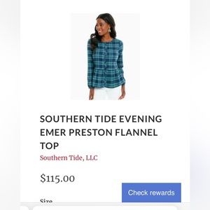 NWT Southern Tide W’s Small Preston Flannel Peplum Top in Evening Emerald